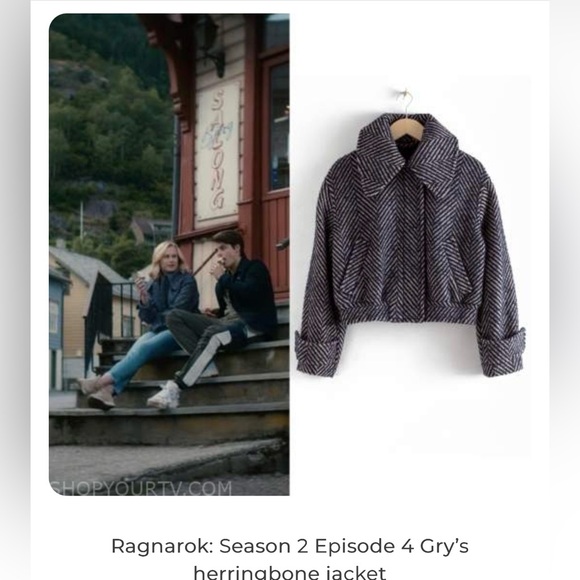 & Other Stories Cropped Wool Blue and Pink Herringbone Bomber Jacket Size 0 - Picture 5 of 13